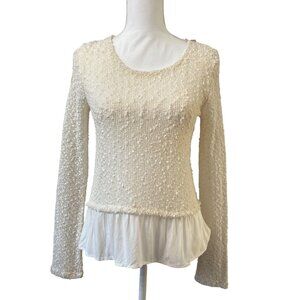 Wet Seal Womens Knit Textured Sheer Long Sleeve Top W/ Ruffle Hem & Back Zipper